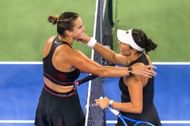 Aryna Sabalenka (left) and Jessica Pegula (right) after the conclusion of the pair's 2025 Wuhan Open semifinal (Source: Getty)
